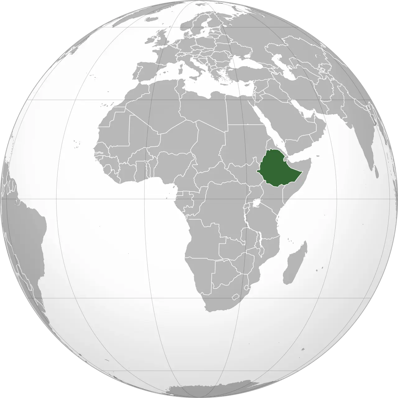 Ethiopia (Africa orthographic projection) — Orthographic map of Africa, showing Ethiopia location.