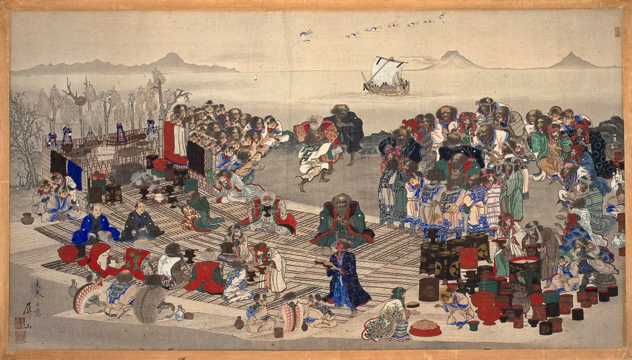 Ainu-iomante-bear-spirit-sending-ceremony-by-Hirasawa-Byozan- 1875 — Painting of the Ainu iyomante, or bear spirit sending ceremony, in Hokkaido ( 1875 ) Painting in ink and colou…