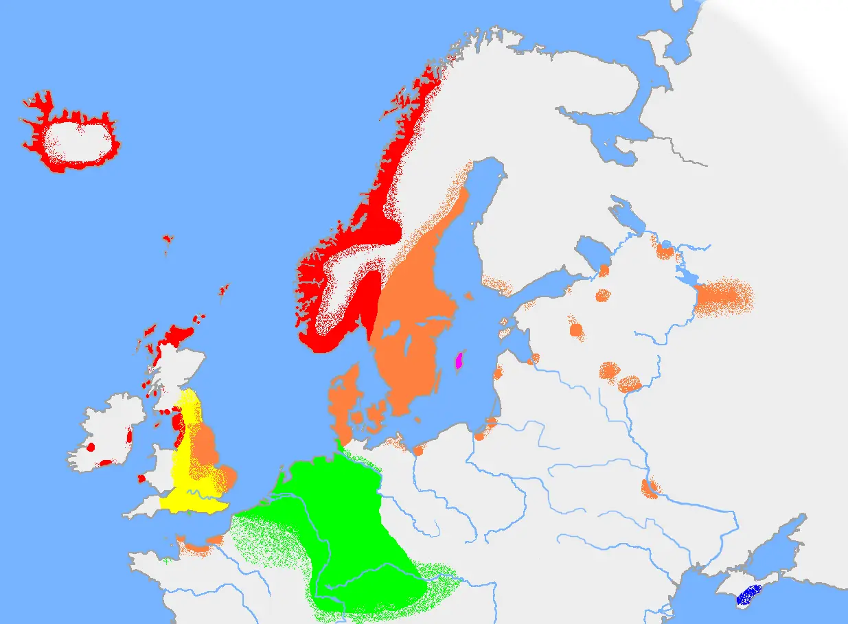 The approximate extent of Old Norse and other Germanic languages in the early 10th century. Old West Norse Old East Norse Old Gutnish Old English ( West Germanic ) Continental West Germanic languages, with which Old Nor… Old norse, ca 900 — The approximate extent of Old Norse and other Germanic languages in the early 10th century. Old West Norse Old East Norse Old Gutnish Old English ( West German…