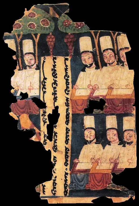 Manichaean priests, writing at their desks. Eighth or ninth century manuscript from Gaochang, Tarim Basin, China. Leaf from a Manichaean Book. Khocho ( Khocho kingdom ), Ruin K. 8th/9th century AD. Painting on paper. 17… Manicheans — Manichaean priests, writing at their desks. Eighth or ninth century manuscript from Gaochang, Tarim Basin, China. Leaf from a Manichaean Book. Khocho ( Khocho kingdom…