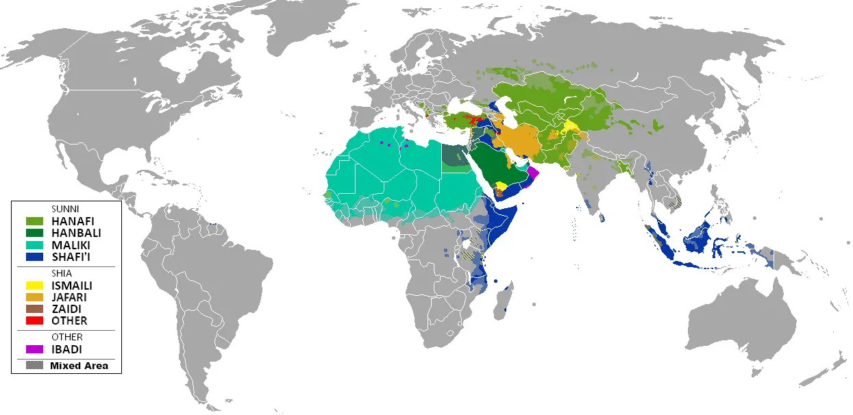 Map of the Muslim world. The distribution of the predominant Islamic madhhab (school of thought within fiqh (Islamic jurisprudence )) followed in the Muslim-majority countries and regions. Derived from File:Madhhab Map2… Madhhab Map3 — Map of the Muslim world. The distribution of the predominant Islamic madhhab (school of thought within fiqh (Islamic jurisprudence )) followed in the Muslim-majorit…