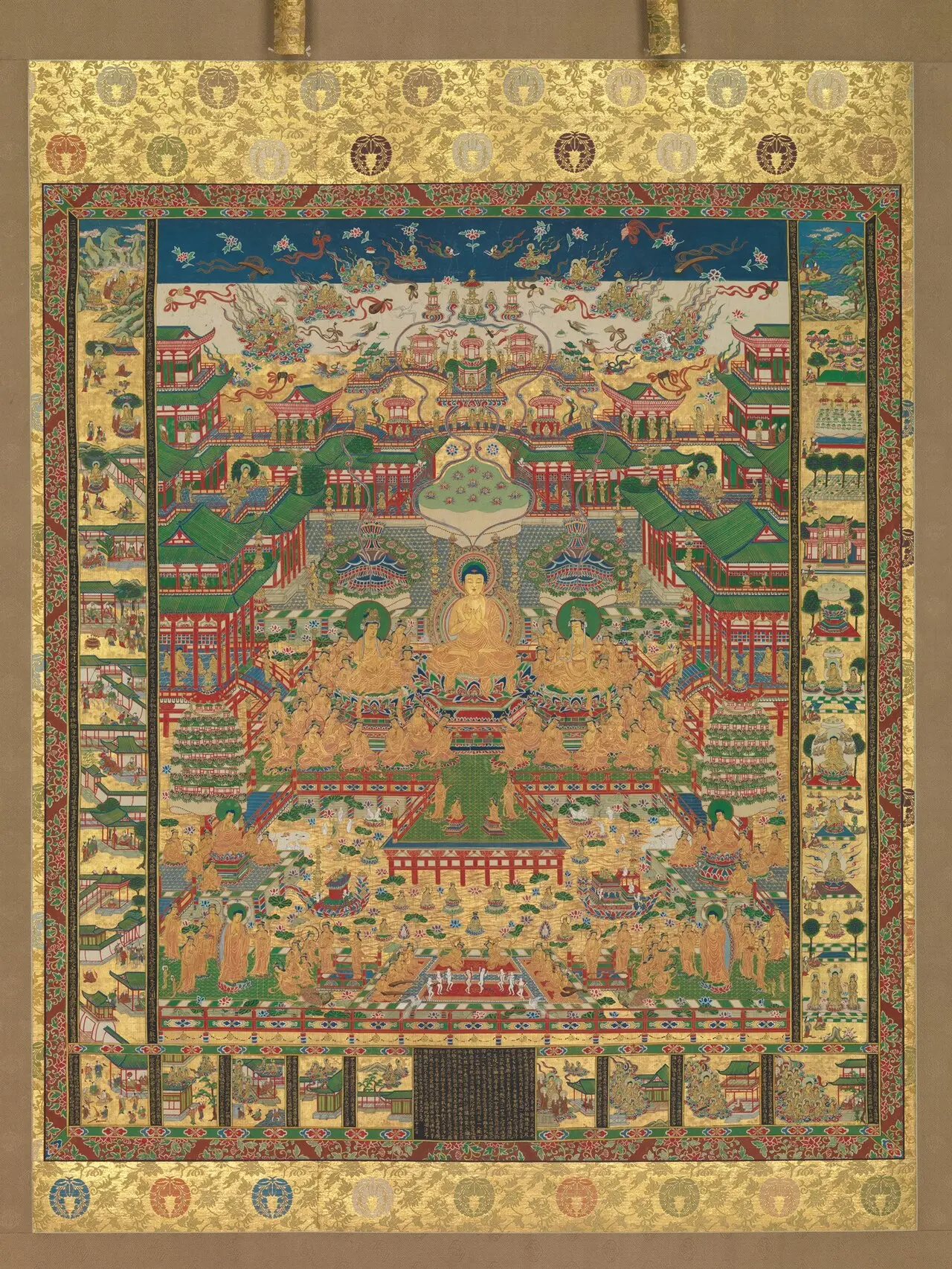 当麻曼荼羅 — Japanese copy of the Pure Land Taima Mandala, which is based on the Amitāyurdhyāna Sūtra. Japan; Hanging scroll; Paintings
