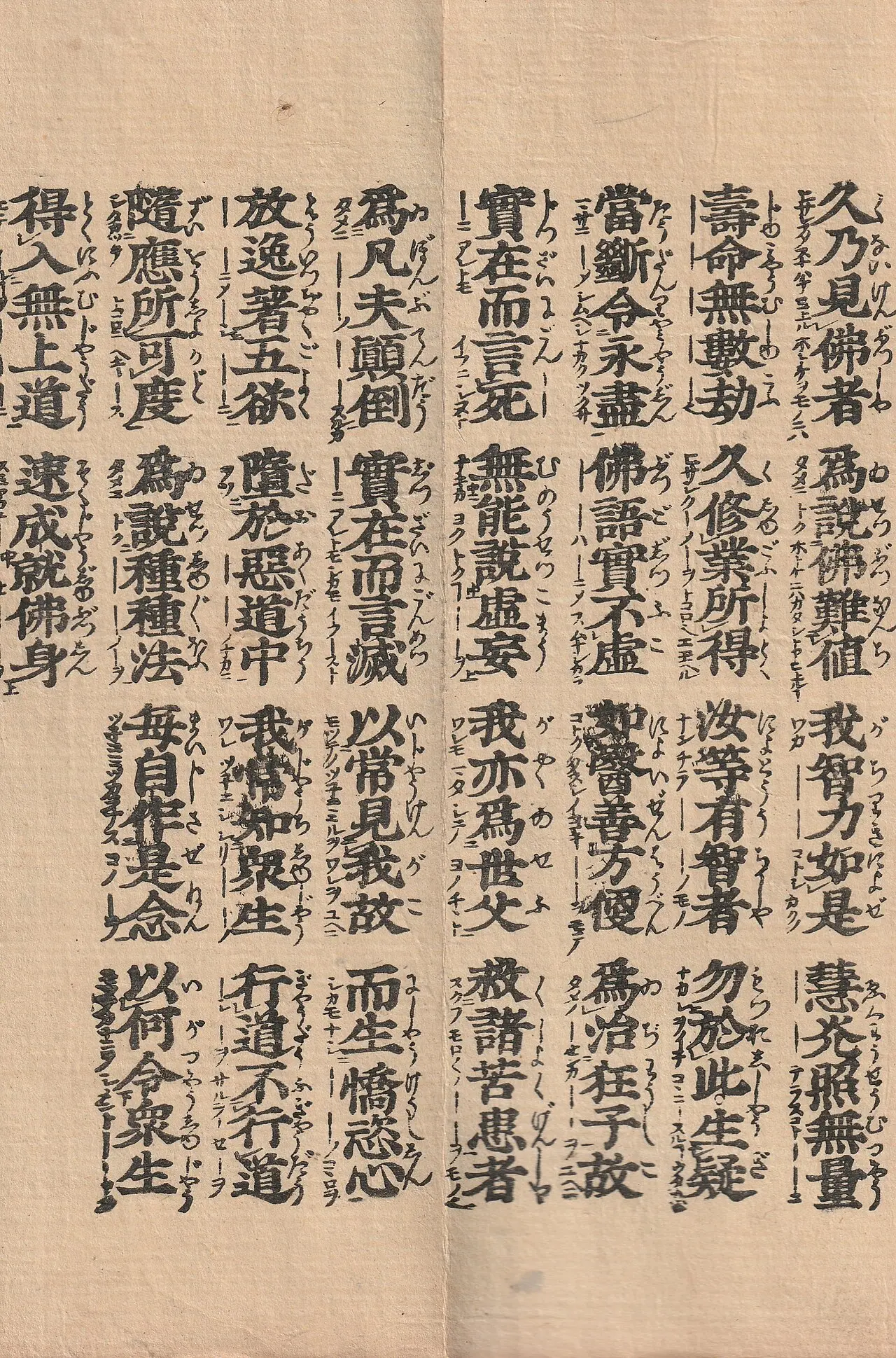 自我偈 Big Accordion Book of Hokekyou or Lotus Sutra printed in Edo Era 28cm 法華経 折り本 江戸期 刊本 07 — A page from a Lotus Sutra folding manuscript, printed in the Edo period. The Hiragana…
