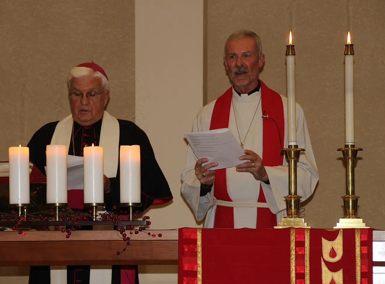 2bishopsReformation — John Michael Quinn, Bishop of the Roman Catholic Diocese of Winona (left) and Steven H. Delzer, Bishop of the Southeastern Minnesota Synod of the Evangelical…